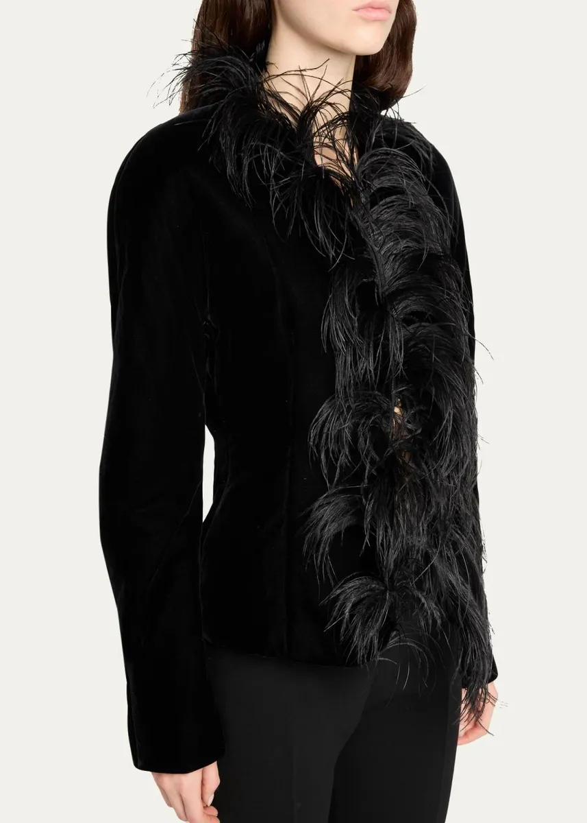 The Row Eunice Feather-Trim Velvet Slim Jacket | Thumbnail 5 The Row Eunice Feather-Trim Velvet Slim Jacket | Thumbnail 5