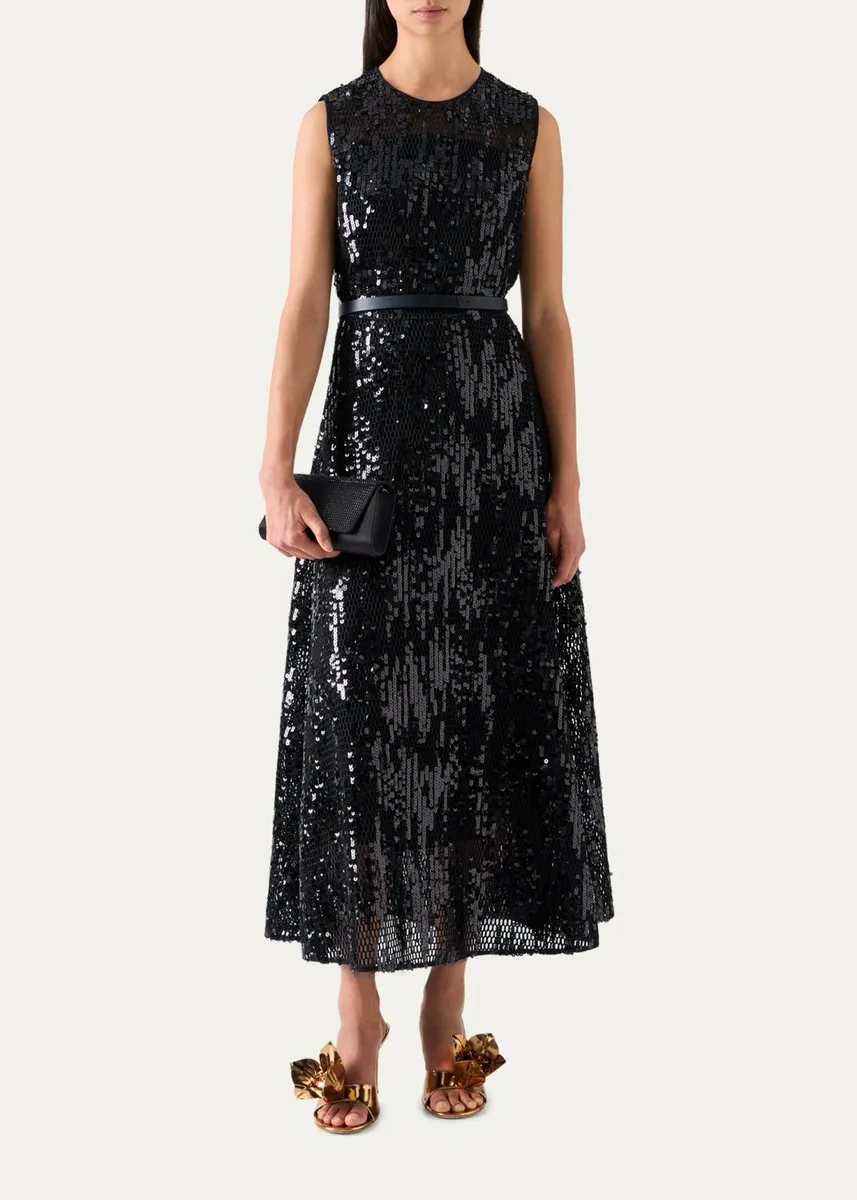 Akris Sequined Net Fit-And-Flare Belted Ankle Gown | Thumbnail 2