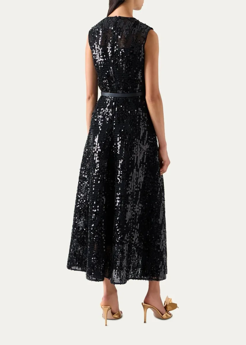 Akris Sequined Net Fit-And-Flare Belted Ankle Gown | Thumbnail 3