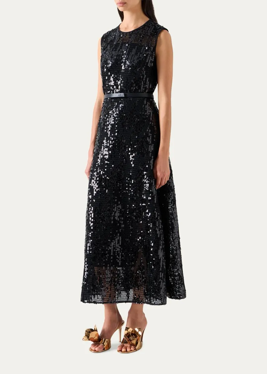 Akris Sequined Net Fit-And-Flare Belted Ankle Gown | Thumbnail 4