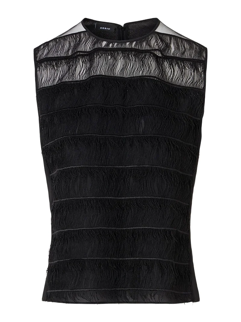 Fringed Tulle And Silk Georgette Sleeveless Top