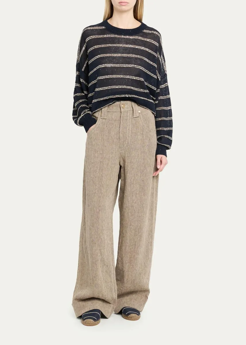 Brunello Cucinelli Linen Cotton Striped Knit Oversized Crewneck Sweater | Thumbnail 2 Brunello Cucinelli Linen Cotton Striped Knit Oversized Crewneck Sweater | Thumbnail 2