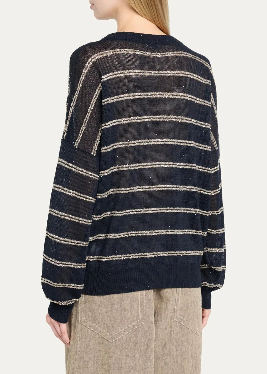 Brunello Cucinelli Linen Cotton Striped Knit Oversized Crewneck Sweater | Thumbnail 3 Brunello Cucinelli Linen Cotton Striped Knit Oversized Crewneck Sweater | Thumbnail 3