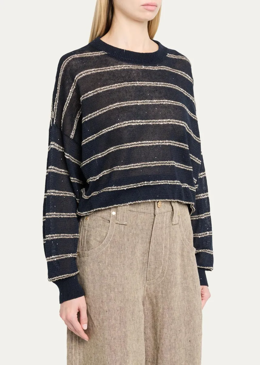 Brunello Cucinelli Linen Cotton Striped Knit Oversized Crewneck Sweater | Thumbnail 4 Brunello Cucinelli Linen Cotton Striped Knit Oversized Crewneck Sweater | Thumbnail 4