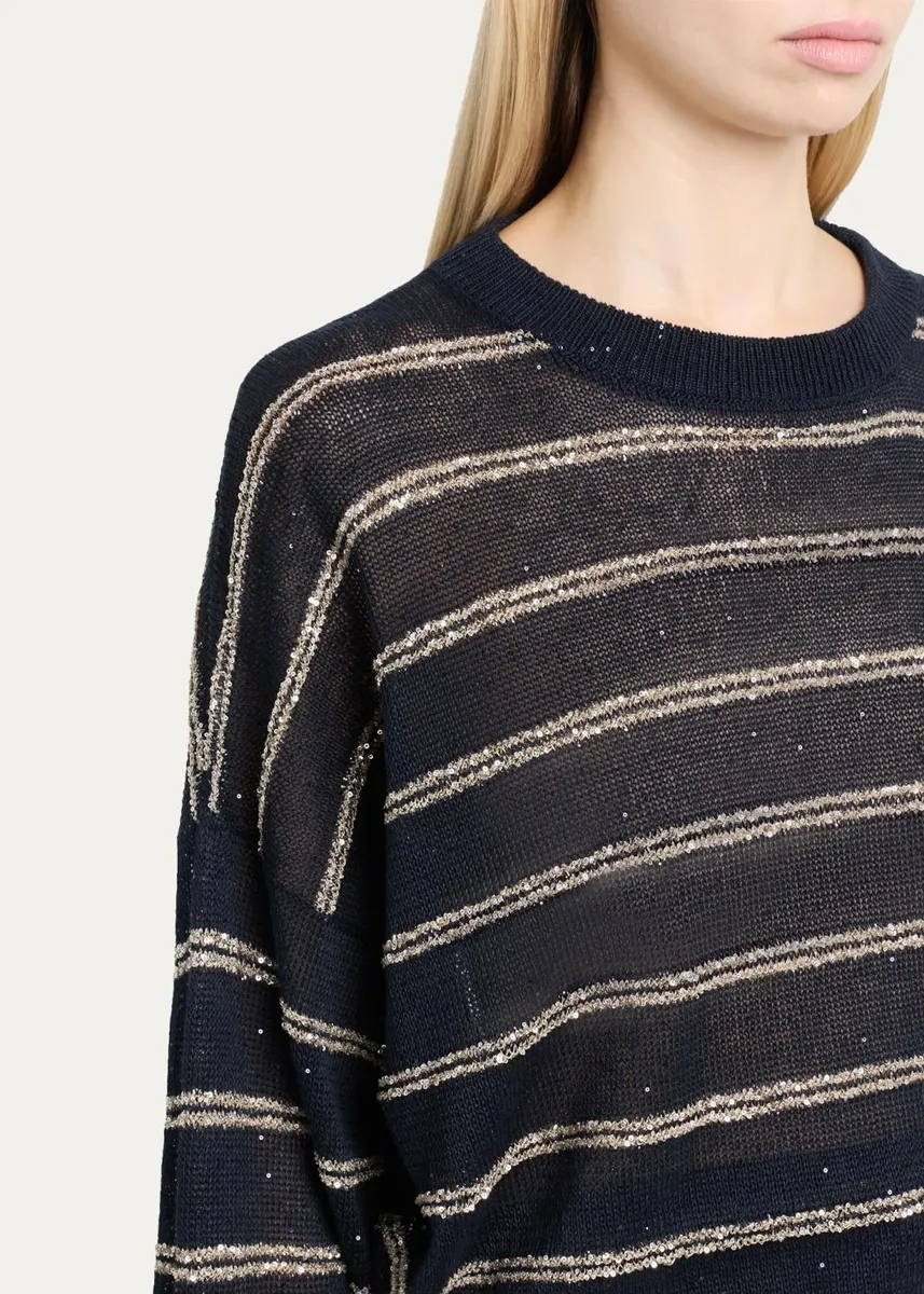 Brunello Cucinelli Linen Cotton Striped Knit Oversized Crewneck Sweater | Thumbnail 5 Brunello Cucinelli Linen Cotton Striped Knit Oversized Crewneck Sweater | Thumbnail 5