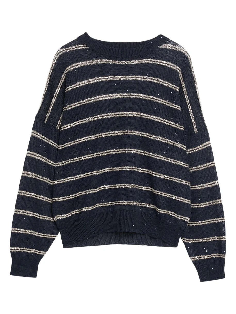Linen Cotton Striped Knit Oversized Crewneck Sweater Linen Cotton Striped Knit Oversized Crewneck Sweater