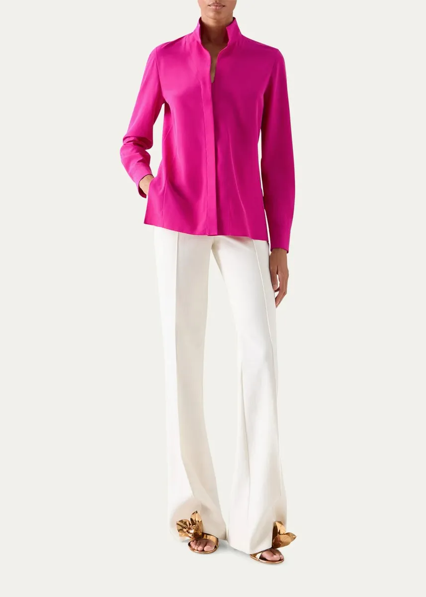 Akris Mock-Neck Silk Crepe Button-Front Tunic Blouse | Thumbnail 2 Akris Mock-Neck Silk Crepe Button-Front Tunic Blouse | Thumbnail 2