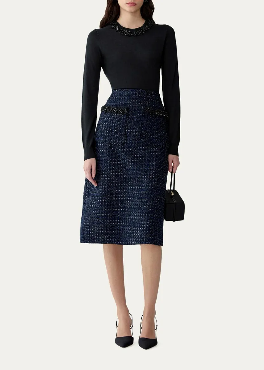 Carolina Herrera Embellished Pocket Tweed A-Line Midi Skirt | Thumbnail 2