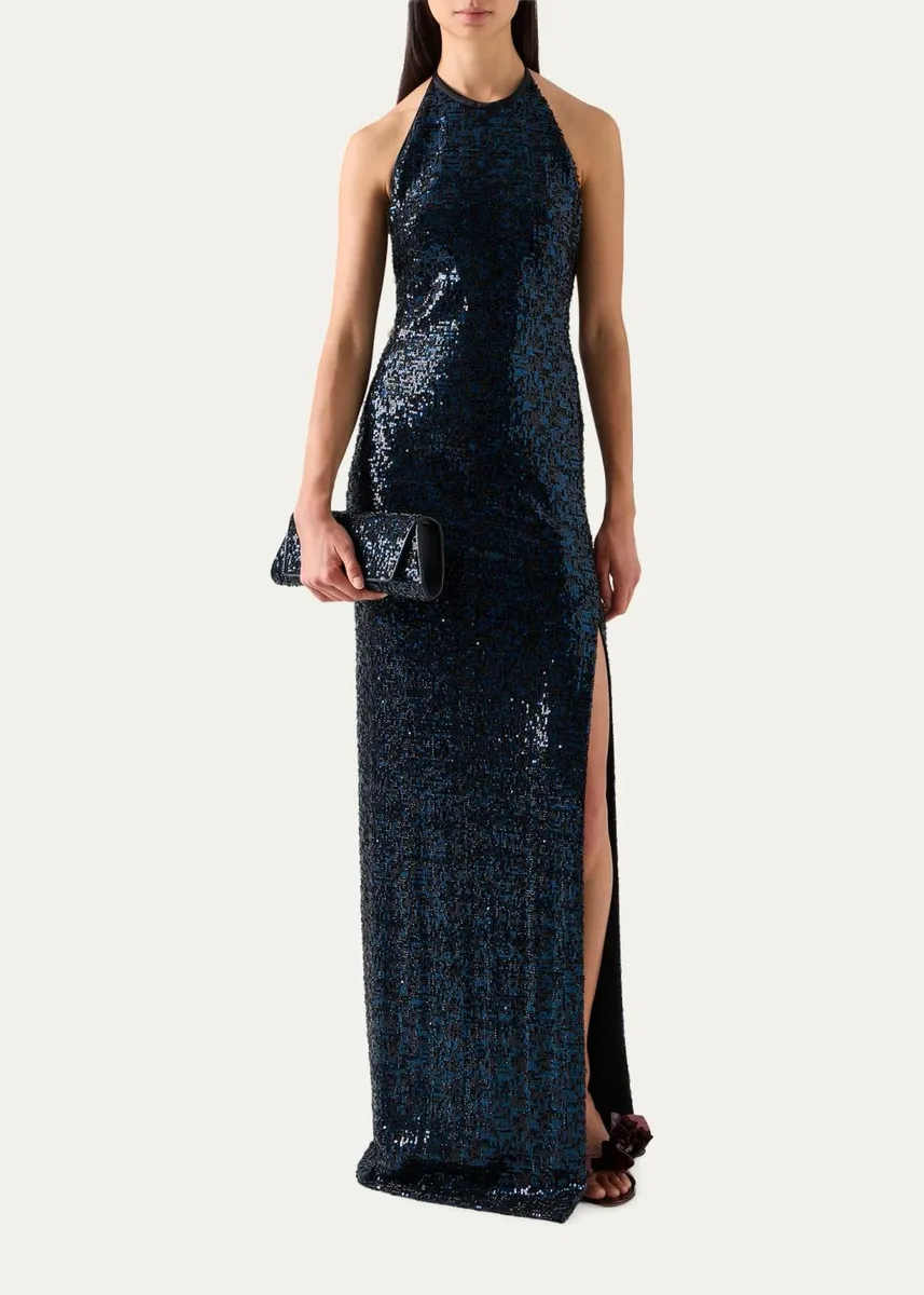Akris Sequined Tulle Halter Slit Gown | Thumbnail 2