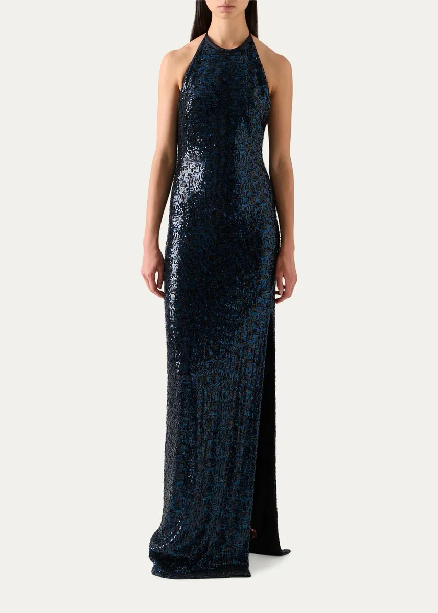 Akris Sequined Tulle Halter Slit Gown | Thumbnail 4