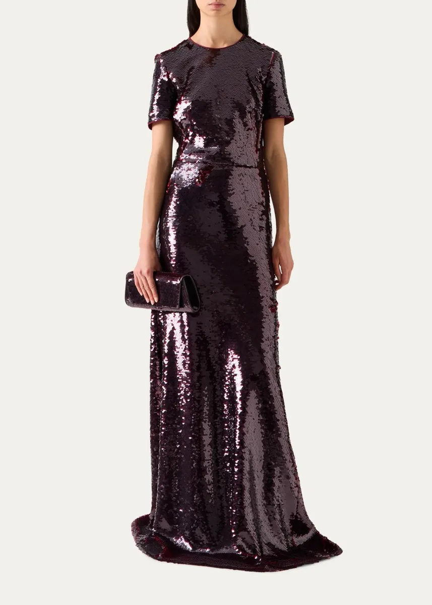 Akris Sequined Tulle Short-Sleeve A-Line Gown | Thumbnail 2