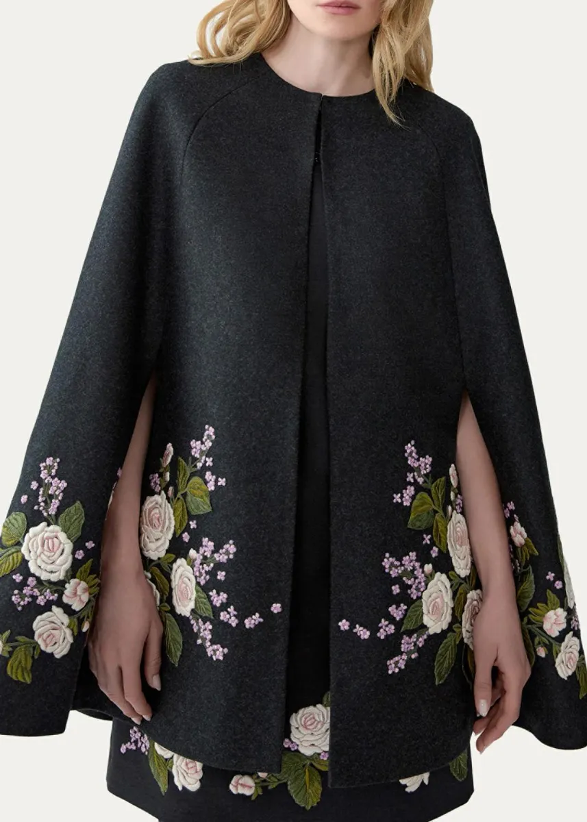 Carolina Herrera Floral-Embroidered Virgin Wool Cape | Thumbnail 4