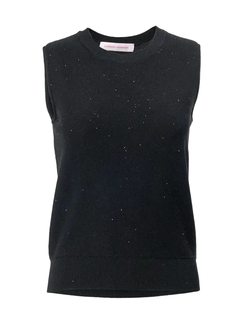 Carolina Herrera Paillette Wool Knit Crewneck Tank Top