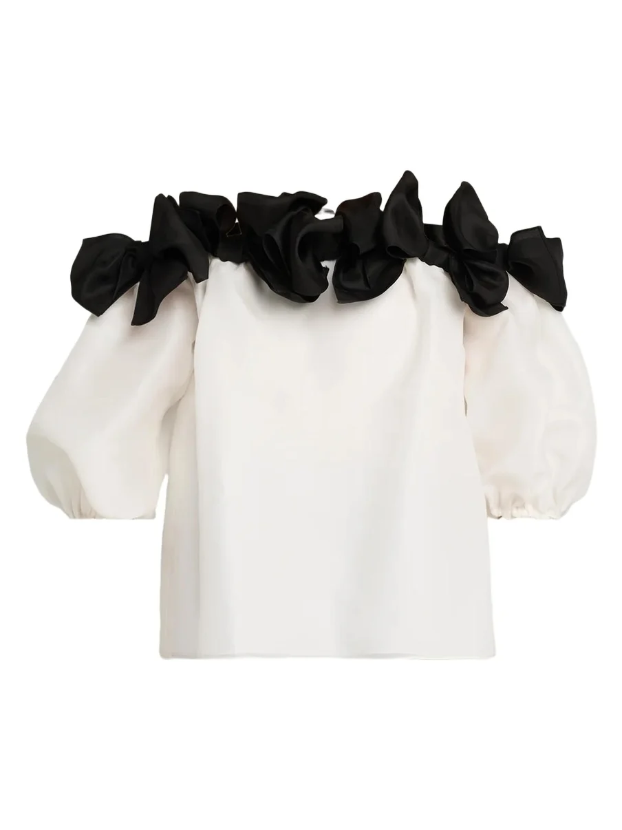 Bow-Embellished Off-Shoulder Silk Top Bow-Embellished Off-Shoulder Silk Top