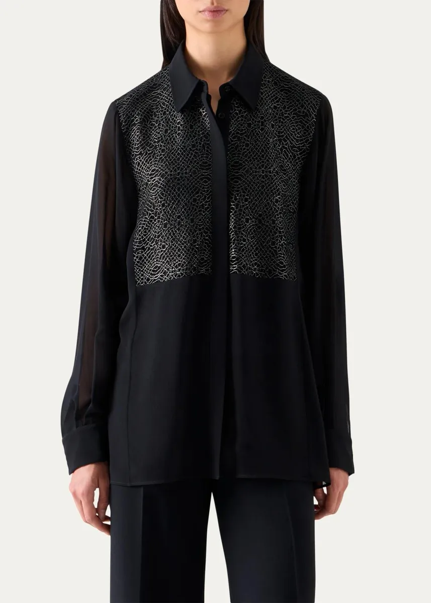Akris Metallic Lace Bib Silk Georgette Tunic Blouse | Thumbnail 4