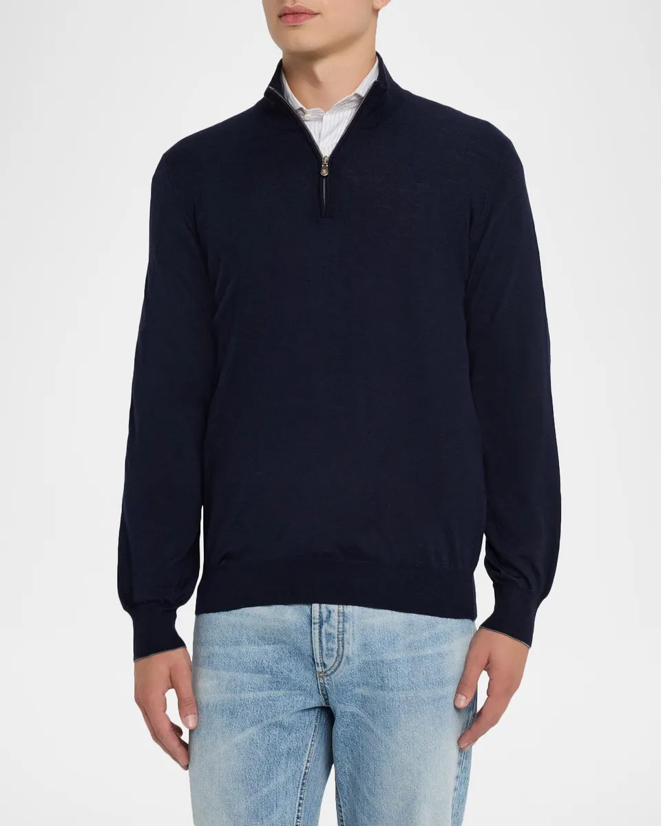 Brunello Cucinelli Men's Wool-Cashmere Half Zip Pullover Sweater | Thumbnail 4 Brunello Cucinelli Men's Wool-Cashmere Half Zip Pullover Sweater | Thumbnail 4