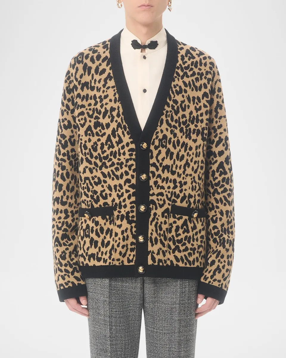 Valentino Garavani Men's Wool Cheetah Jacquard Knit Cardigan | Thumbnail 4 Valentino Garavani Men's Wool Cheetah Jacquard Knit Cardigan | Thumbnail 4