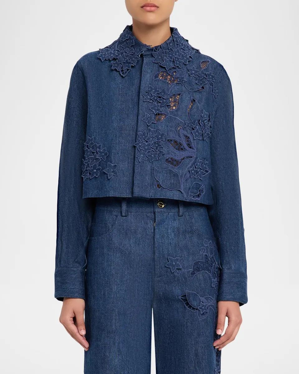 Oscar de la Renta Embroidered Denim Crop Jacket | Thumbnail 4