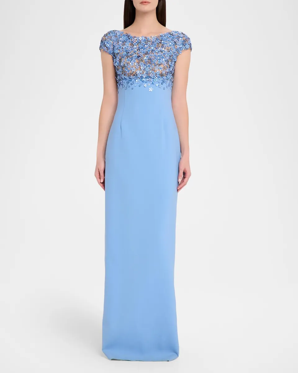 Oscar de la Renta Bitty Hoya Flowers Embroidered Cap-Sleeve Gown | Thumbnail 2