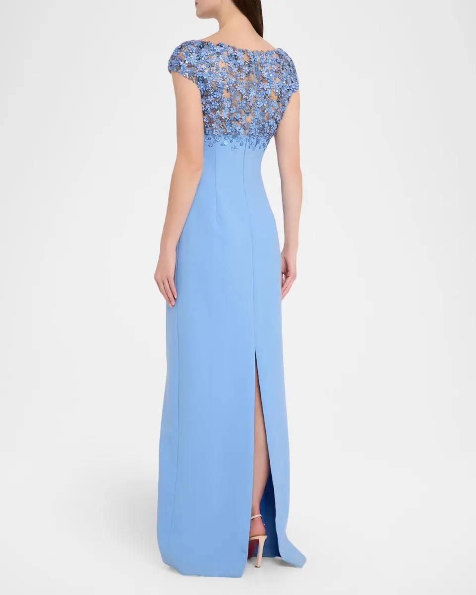 Oscar de la Renta Bitty Hoya Flowers Embroidered Cap-Sleeve Gown | Thumbnail 3