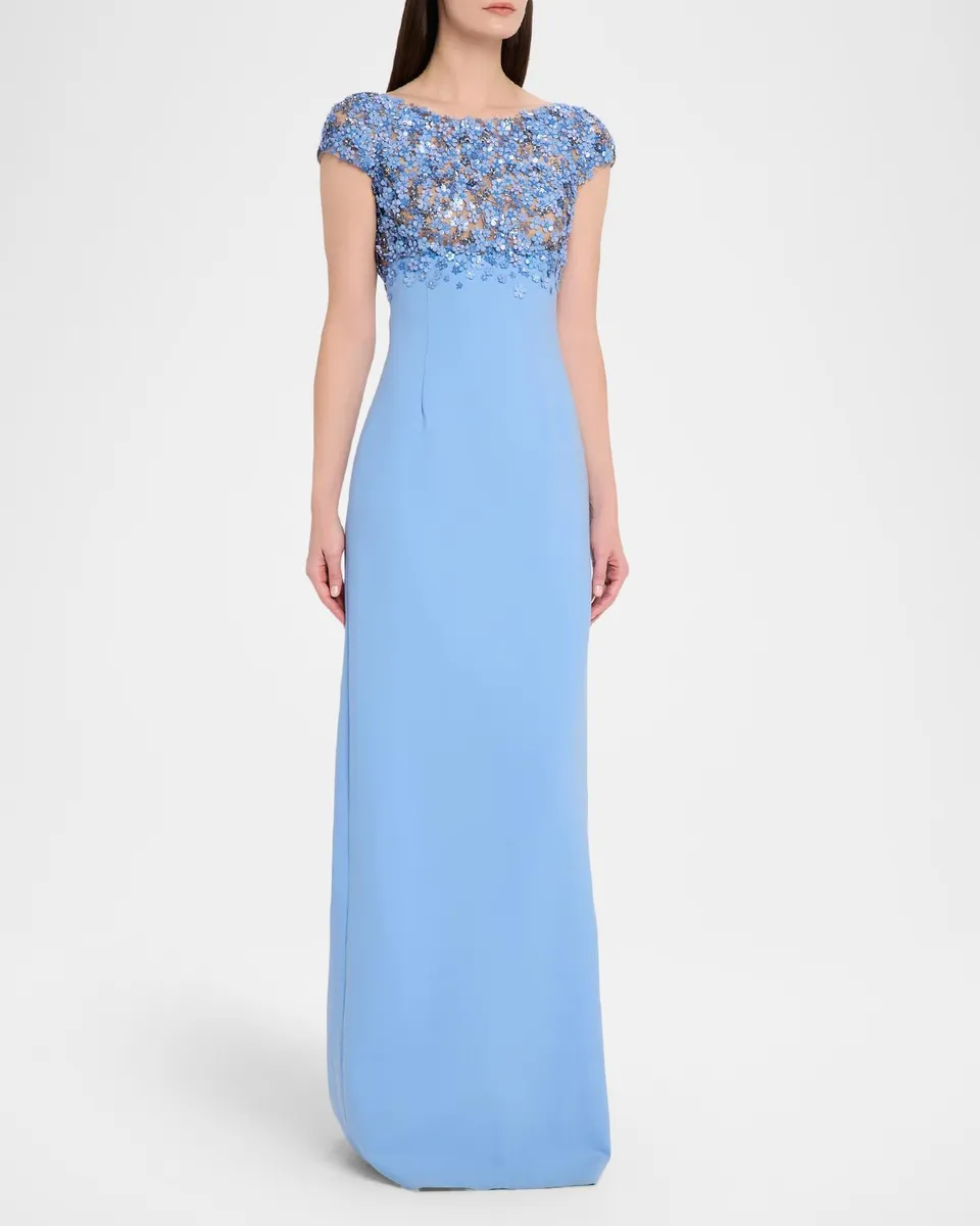 Oscar de la Renta Bitty Hoya Flowers Embroidered Cap-Sleeve Gown | Thumbnail 4