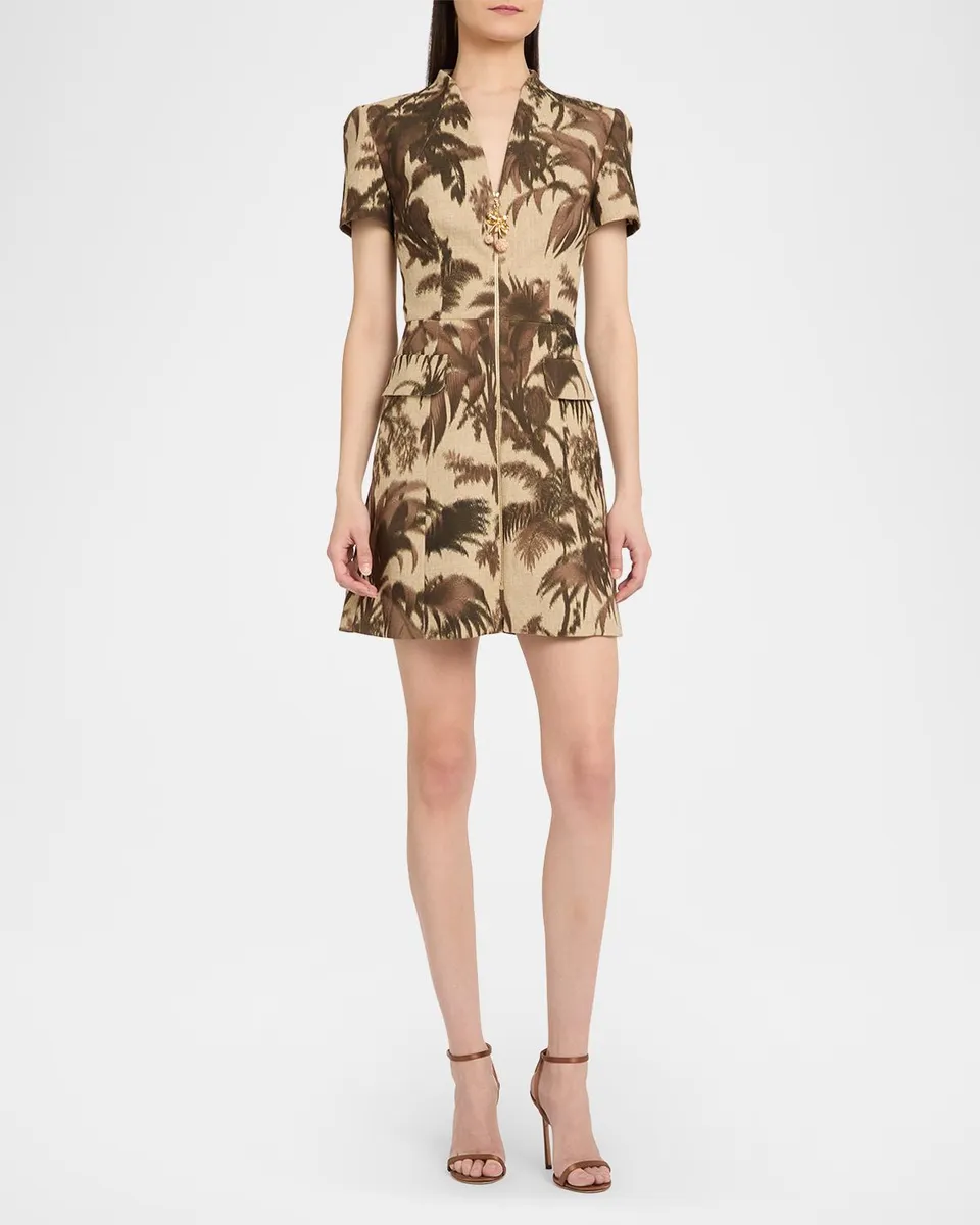 Oscar de la Renta Chine Palm-Print Short-Sleeve Zip Mini Dress | Thumbnail 2