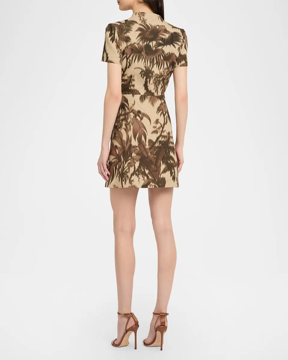 Oscar de la Renta Chine Palm-Print Short-Sleeve Zip Mini Dress | Thumbnail 3