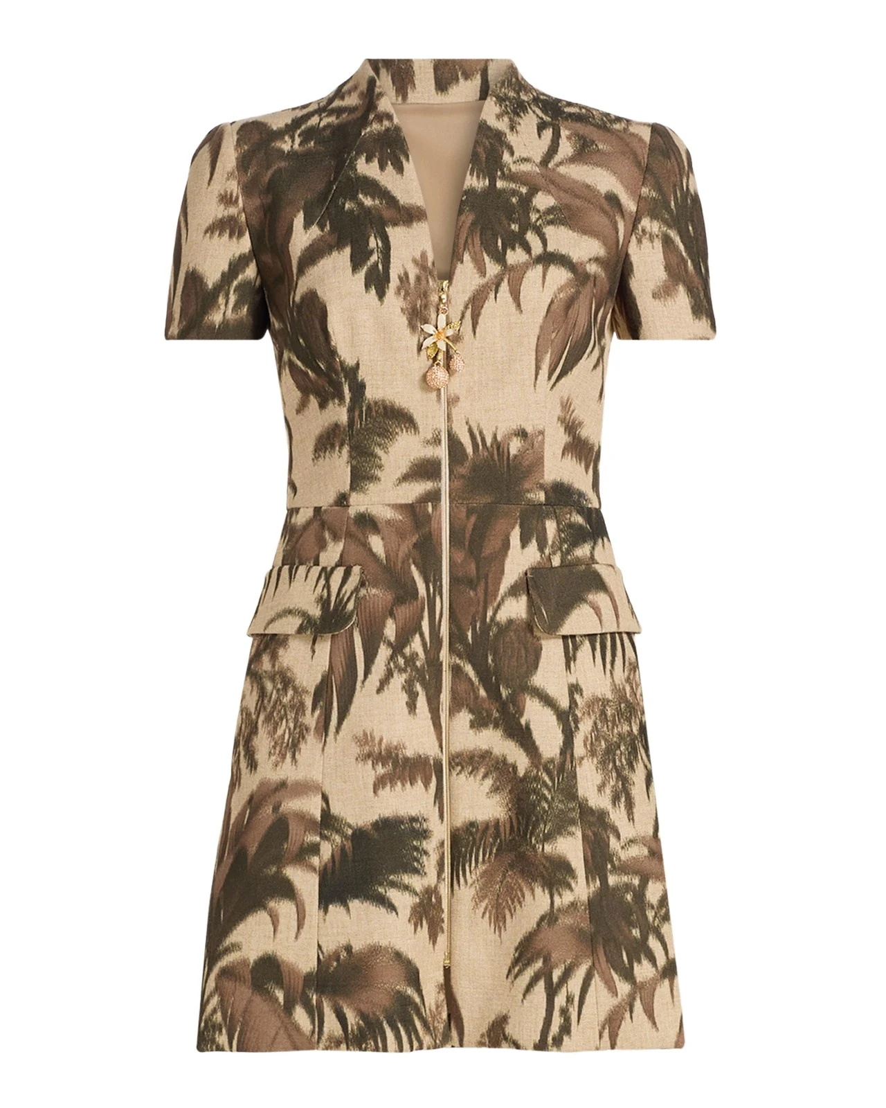Oscar de la Renta Chine Palm-Print Short-Sleeve Zip Mini Dress