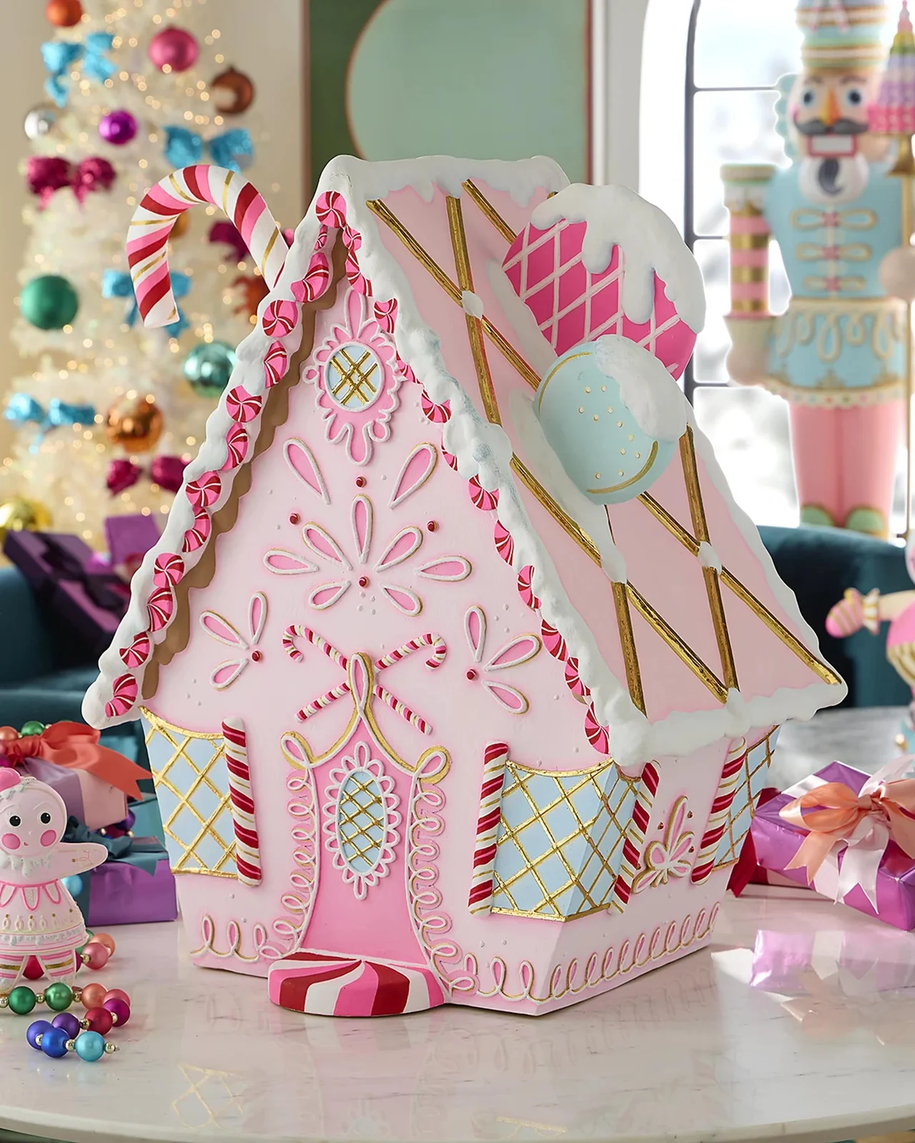 Glitterville Pink Gingerbread Cottage Christmas Display