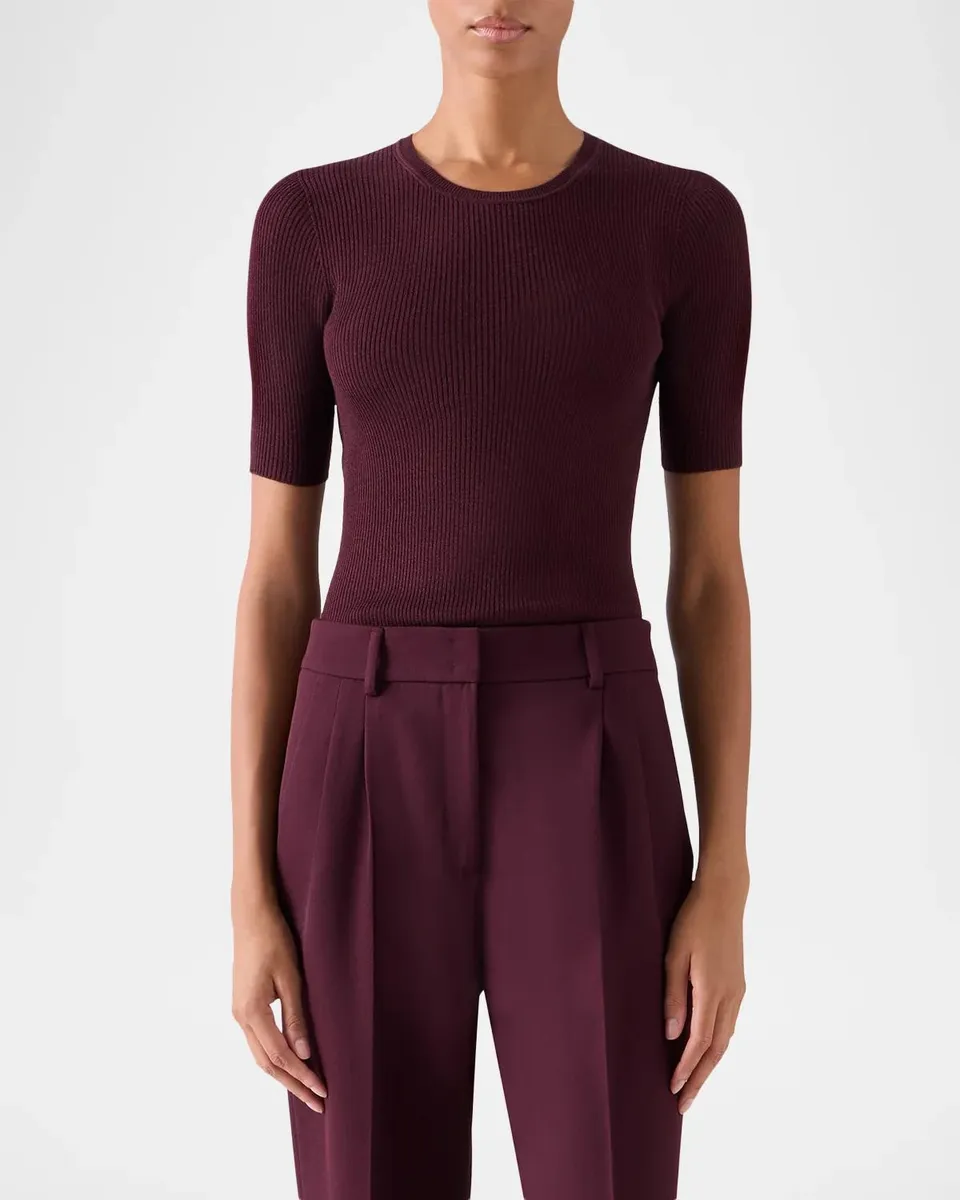 Akris Seamless Silk-Cotton Rib Short-Sleeve Crewneck Sweater | Thumbnail 4