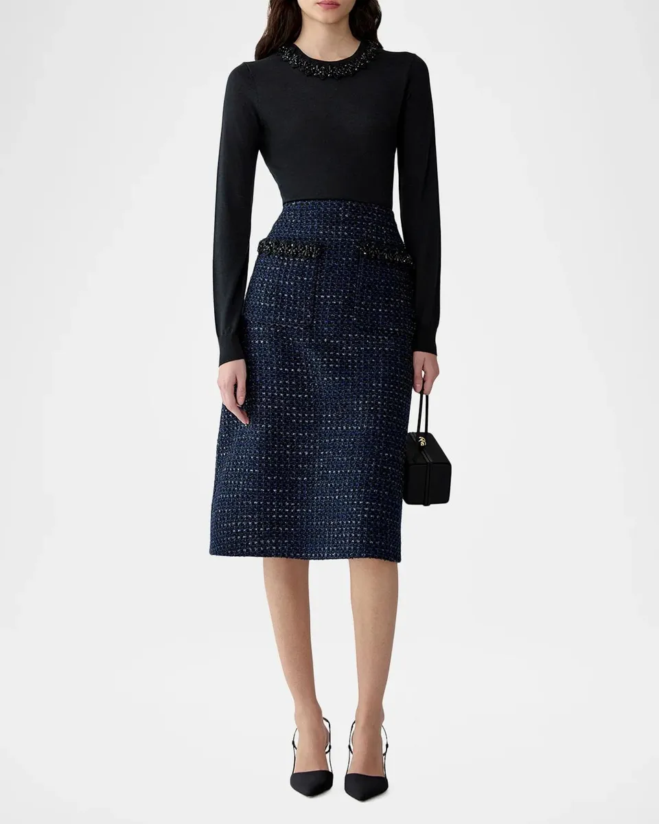 Carolina Herrera Embellished Pocket Tweed A-Line Midi Skirt | Thumbnail 2