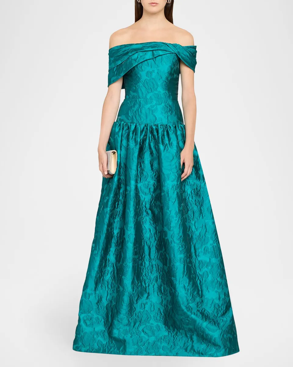 Reem Acra Draped Off-The-Shoulder Brocade Drop-Waist Gown | Thumbnail 2 Reem Acra Draped Off-The-Shoulder Brocade Drop-Waist Gown | Thumbnail 2