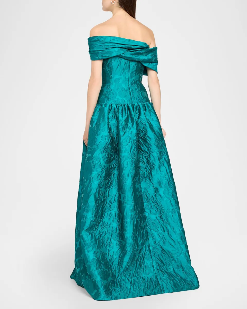 Reem Acra Draped Off-The-Shoulder Brocade Drop-Waist Gown | Thumbnail 3 Reem Acra Draped Off-The-Shoulder Brocade Drop-Waist Gown | Thumbnail 3