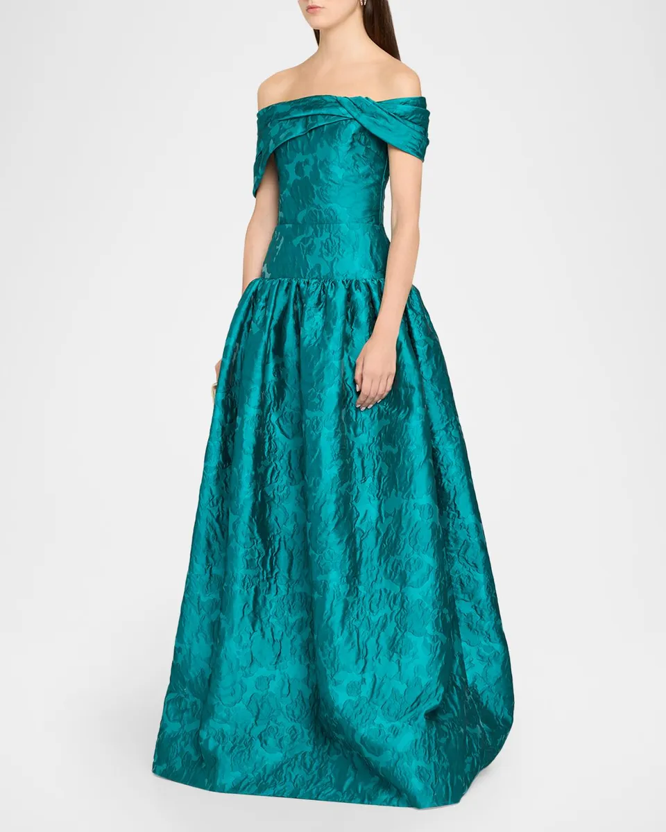 Reem Acra Draped Off-The-Shoulder Brocade Drop-Waist Gown | Thumbnail 4 Reem Acra Draped Off-The-Shoulder Brocade Drop-Waist Gown | Thumbnail 4
