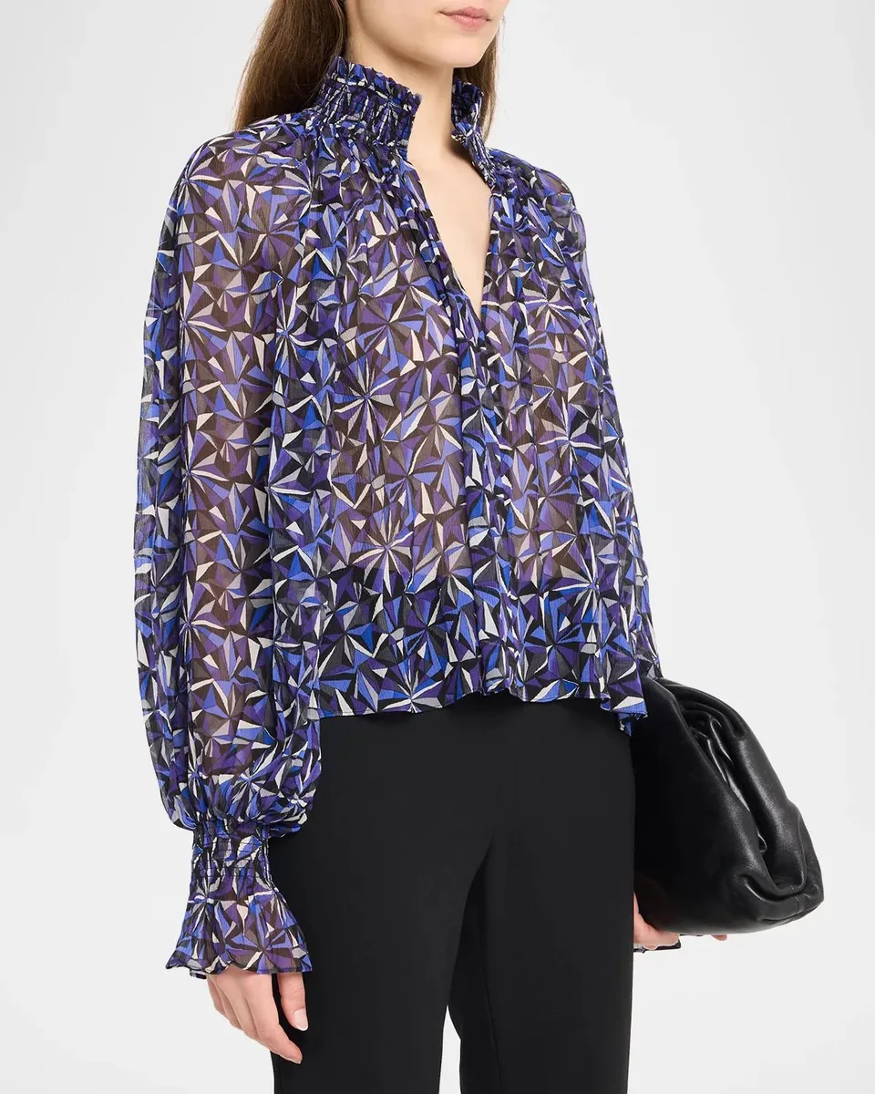 Ramy Brook Gisele Printed Smocked Silk Blouse | Thumbnail 4