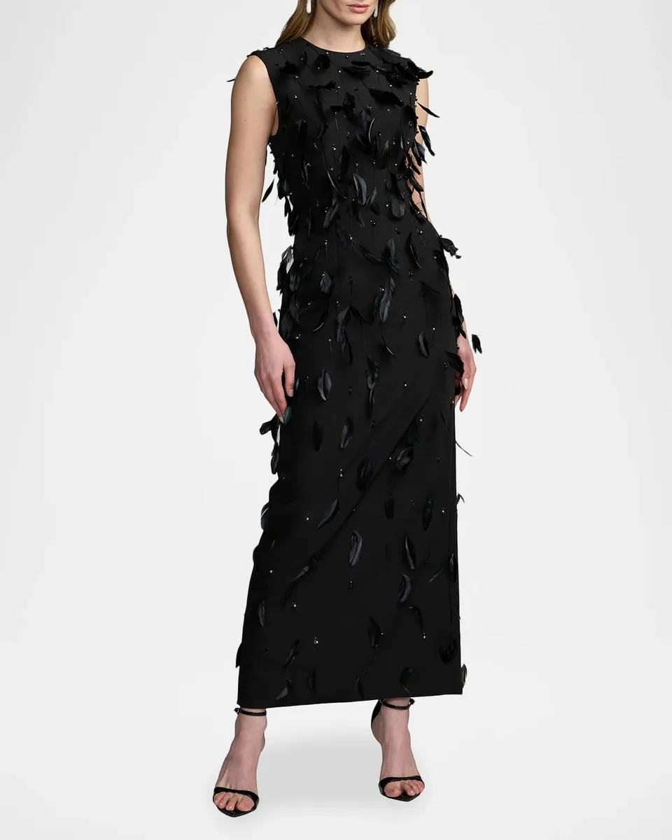 Mac Duggal Crystal & Feather Crepe Column Gown | Thumbnail 2
