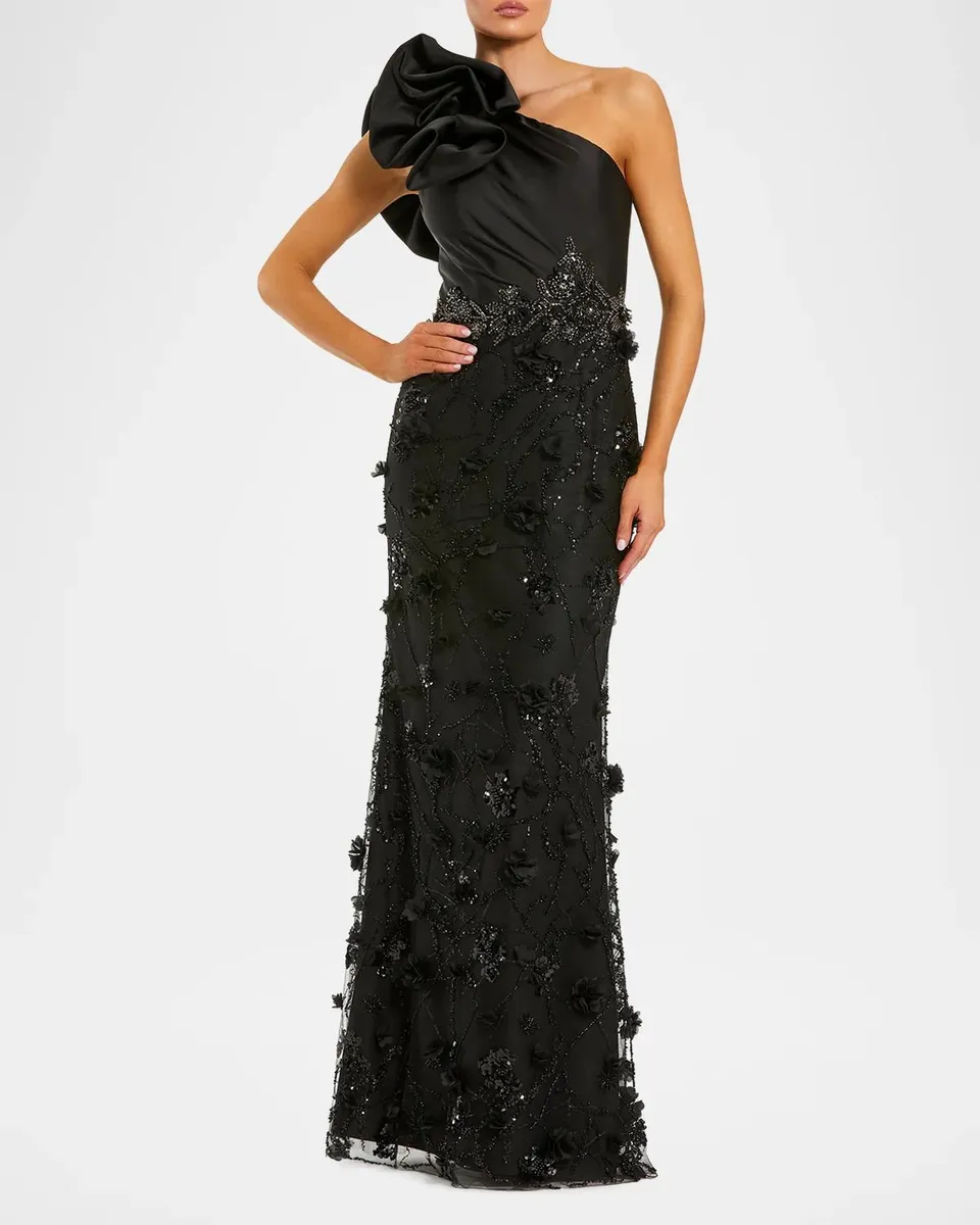 Mac Duggal Beaded One-Shoulder Ruffle Gown | Thumbnail 2