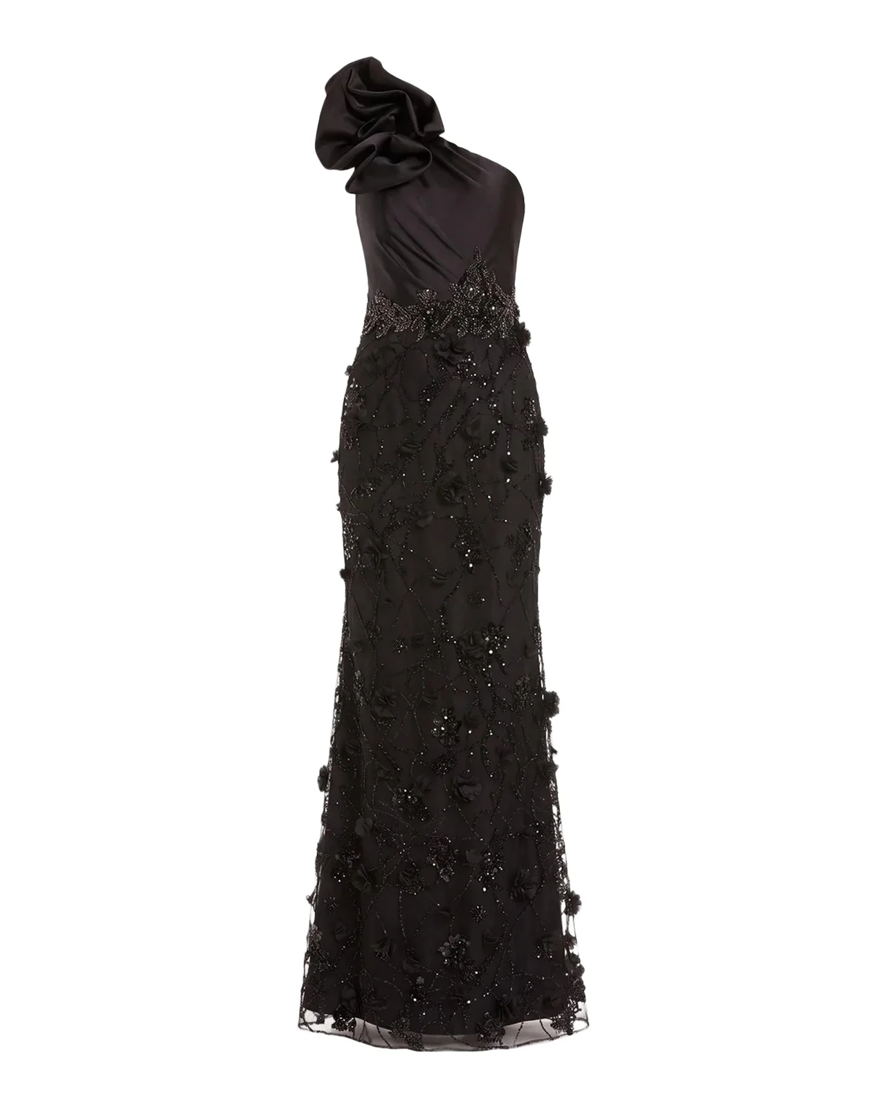 Mac Duggal Beaded One-Shoulder Ruffle Gown