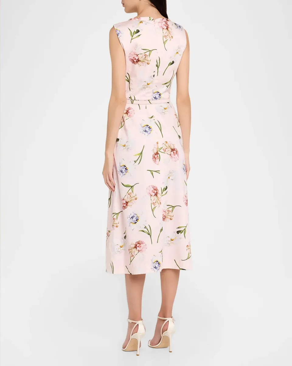 Oscar de la Renta Sleeveless Painted Iris-Print Belted Midi Dress | Thumbnail 3 Oscar de la Renta Sleeveless Painted Iris-Print Belted Midi Dress | Thumbnail 3