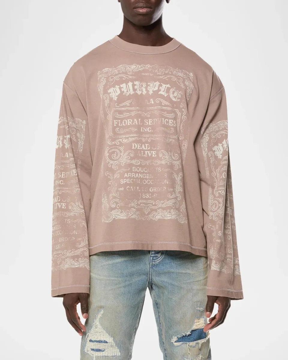 PURPLE Men's Graphic Flared Long-Sleeve Crop T-Shirt | Thumbnail 2