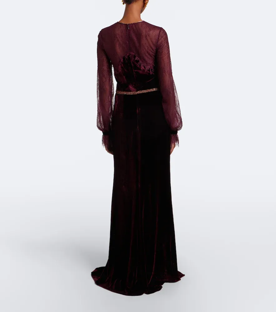 Costarellos Embellished lace-trimmed velvet gown | Thumbnail 2