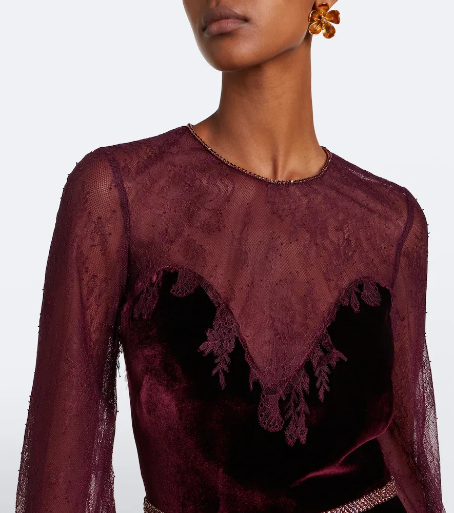 Costarellos Embellished lace-trimmed velvet gown | Thumbnail 3