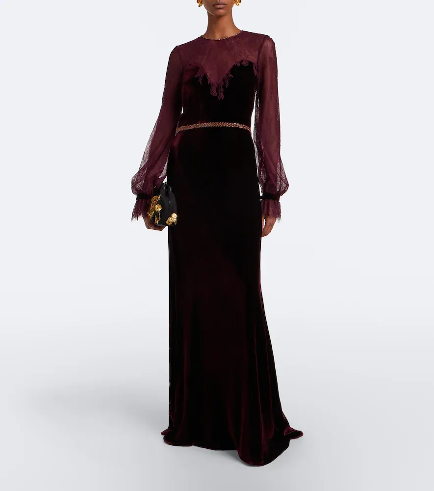 Costarellos Embellished lace-trimmed velvet gown | Thumbnail 4