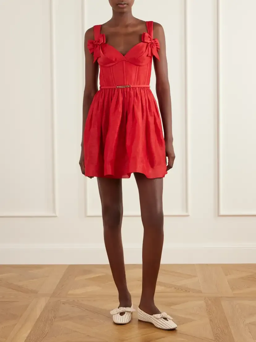 Zimmermann Clash Belted Bow-detailed Linen And Silk-blend Mini Dress | Thumbnail 2 Zimmermann Clash Belted Bow-detailed Linen And Silk-blend Mini Dress | Thumbnail 2