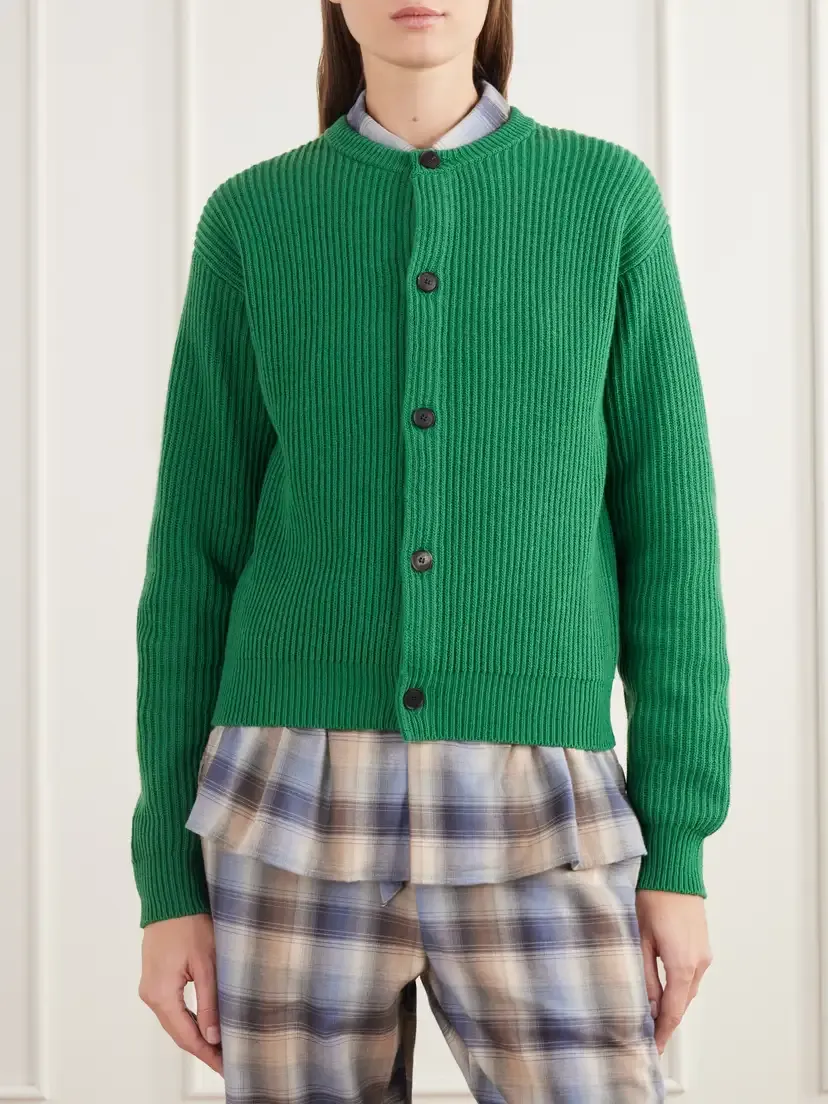 Auralee + Tekla Ribbed Wool And Cashmere-blend Cardigan - Green | Thumbnail 3