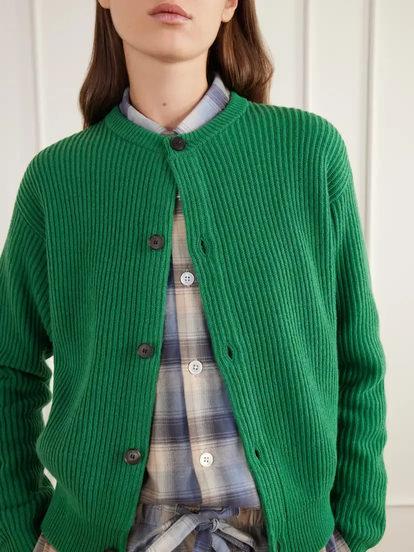 Auralee + Tekla Ribbed Wool And Cashmere-blend Cardigan - Green | Thumbnail 5