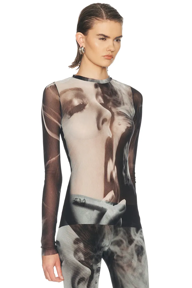 Jean Paul Gaultier Mesh Printed Smoking Women Long Sleeve Top | Thumbnail 2