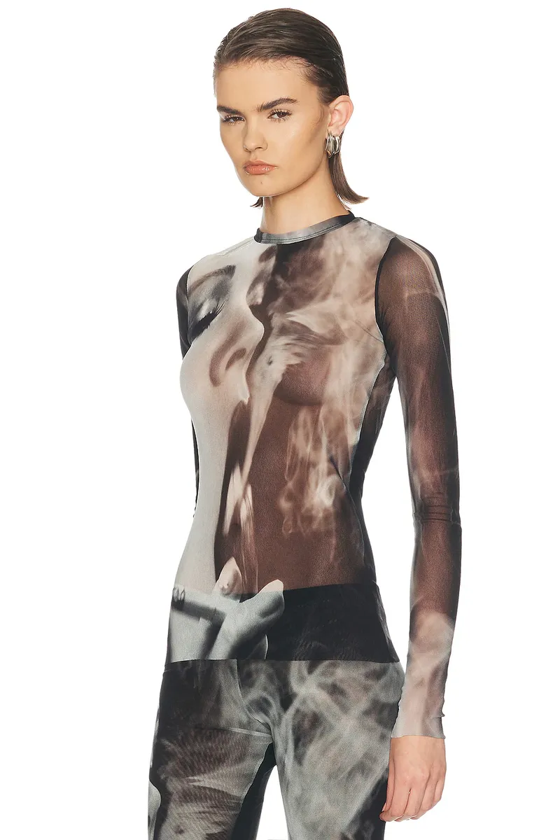 Jean Paul Gaultier Mesh Printed Smoking Women Long Sleeve Top | Thumbnail 3