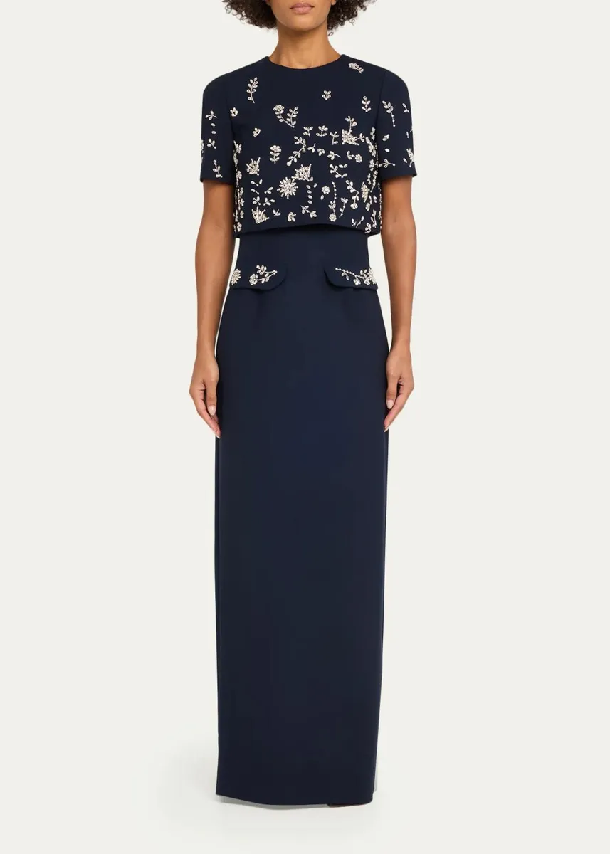 Oscar de la Renta Crystal Embellished Short-Sleeve Bolero Column Gown | Thumbnail 2 Oscar de la Renta Crystal Embellished Short-Sleeve Bolero Column Gown | Thumbnail 2