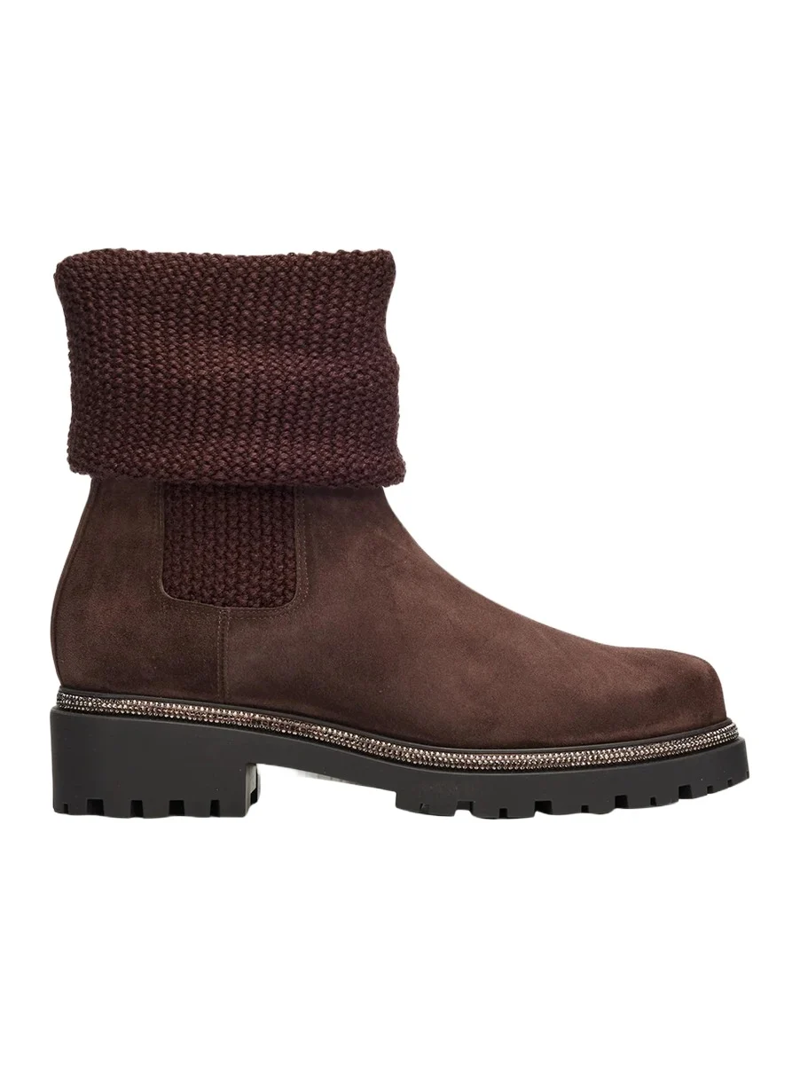 René Caovilla Suede Knit Lug-Sole Ankle Boots